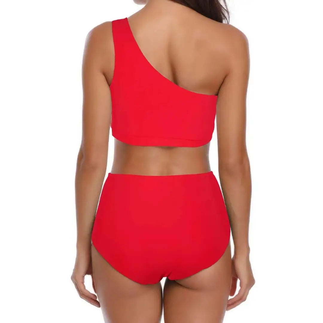 Red One Shoulder High Waist Swim Suit for Women