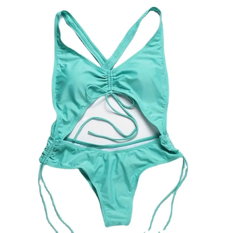 Women Solid Color Backless One-Piece Swimsuit Lake Green