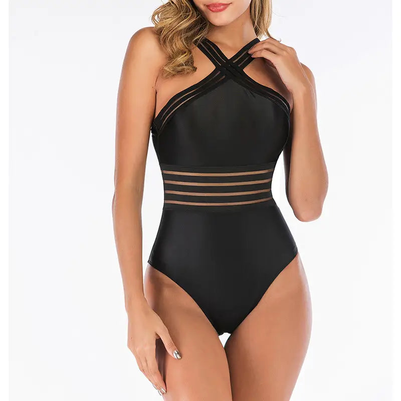 Women One-Piece Lace Mesh Swimsuit White
