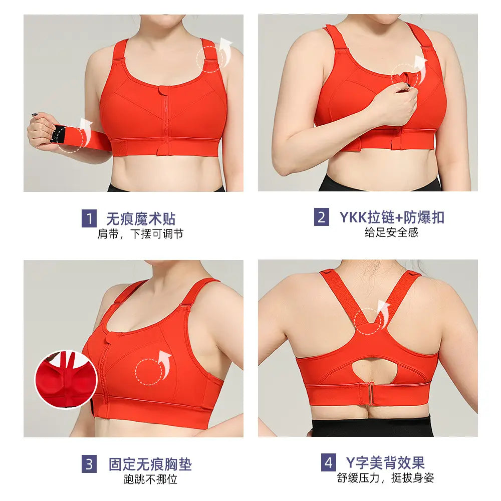 Plus Size Women Sports Bra YKK Zipper Velcro Red