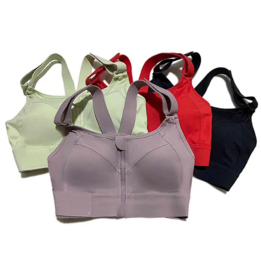 Plus Size Women Sports Bra YKK Zipper Velcro Red