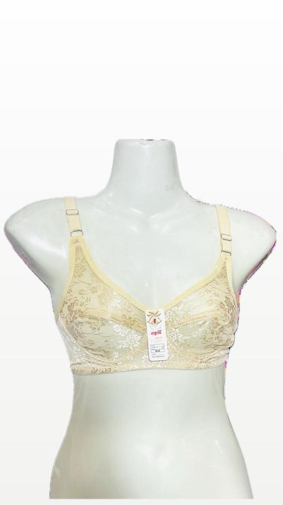 Beige Cotton Non-Padded Bra with Floral Print
