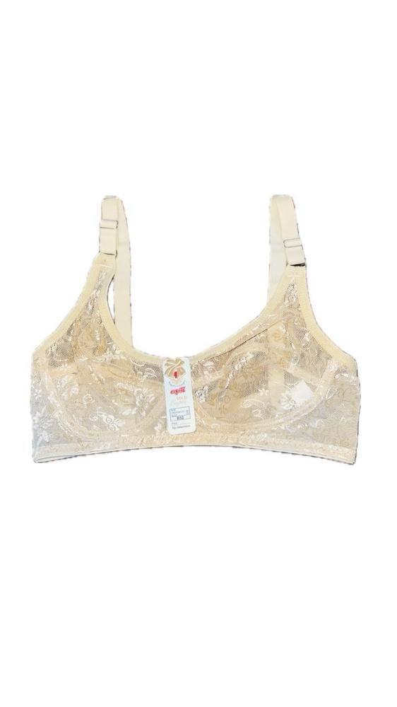 Beige Cotton Non-Padded Bra with Floral Print