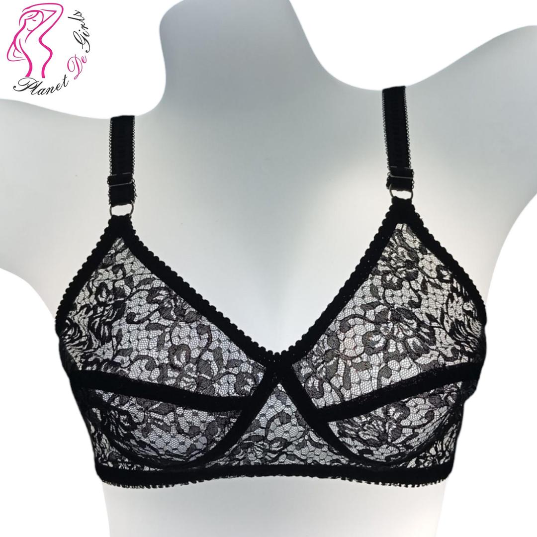 Black Lace Bra for Women, Adjustable Straps, Breathable Net Fabric, Sizes 32-42