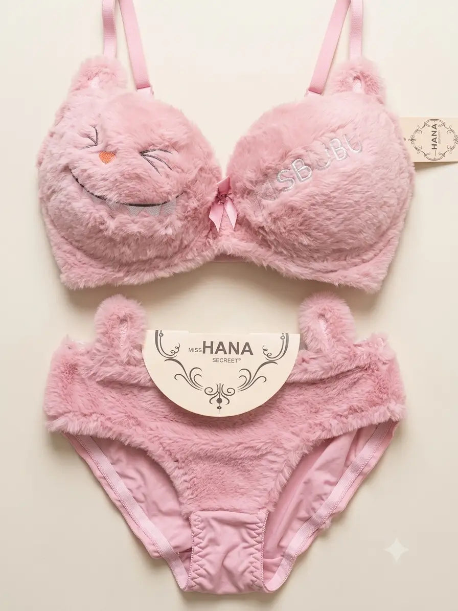 Fluffy Cute Furr Style Double Padded bra with Panty , 1 Set