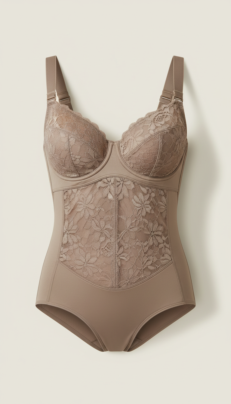 A refined supportive undergarment perfectly centered on a neutral ivory background. The focus is on the garment's chic...