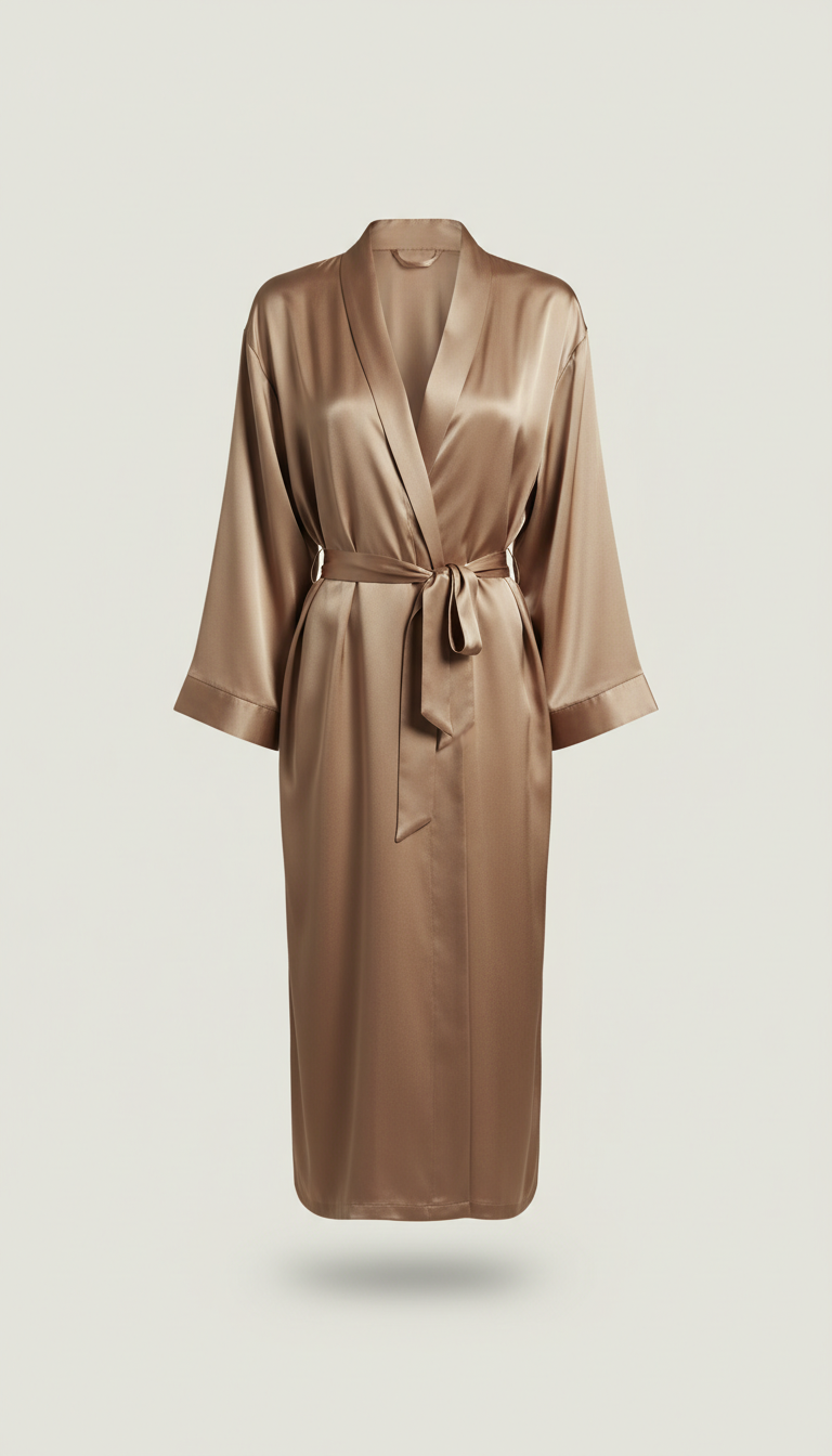 Luxurious silk bathrobe, perfectly centered with soft, even, shadowless illumination. The bathrobe is in a classic Warm...