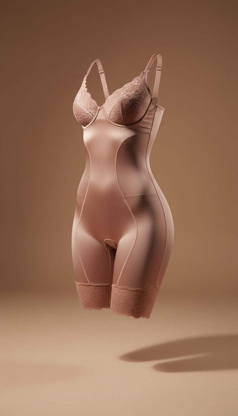 A luxurious piece of women's shapewear displayed in a 3/4 view against a Warm Taupe backdrop. The shapewear is perfectly...