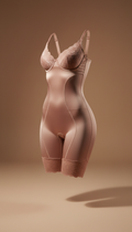 A luxurious piece of women's shapewear displayed in a 3/4 view against a Warm Taupe backdrop. The shapewear is perfectly...