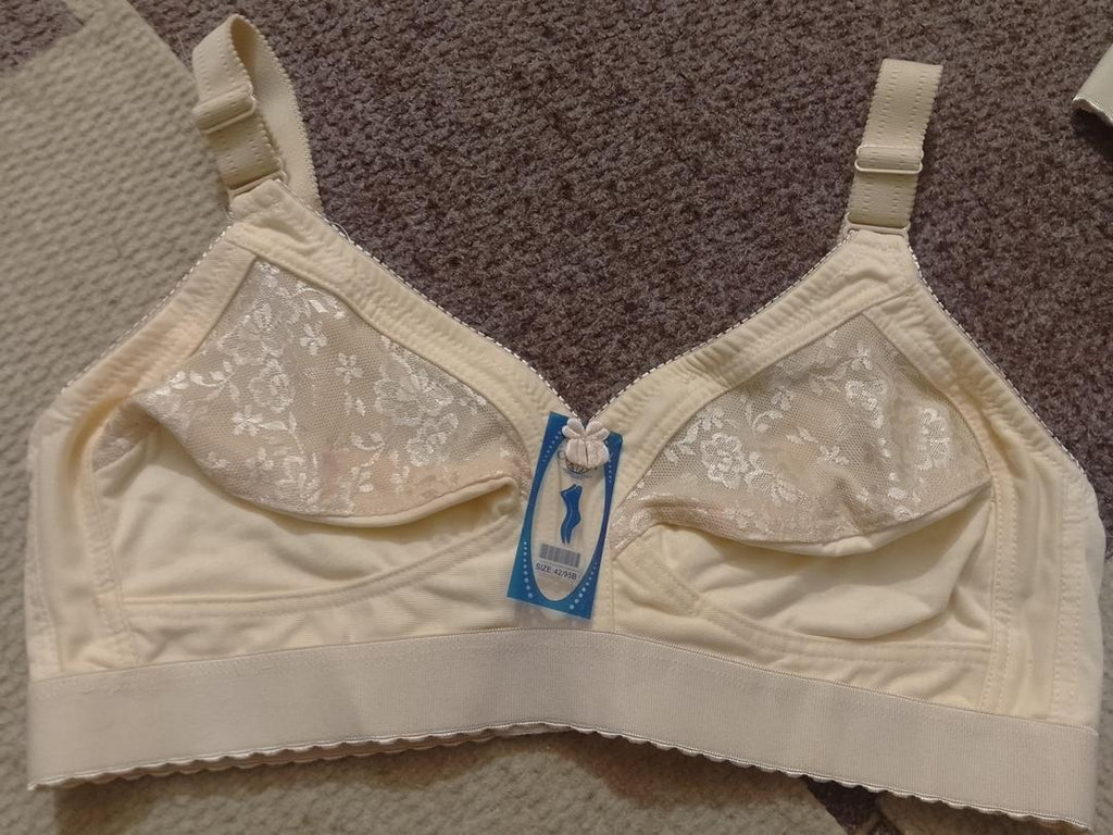 Cotton Embroidered Bra Beige Non-Padded Adjustable