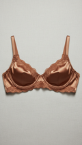 Opaline Touch silk bralette in Burnished Bronze, Default angle: 45-degree tabletop three-quarter view showcasing packaging...