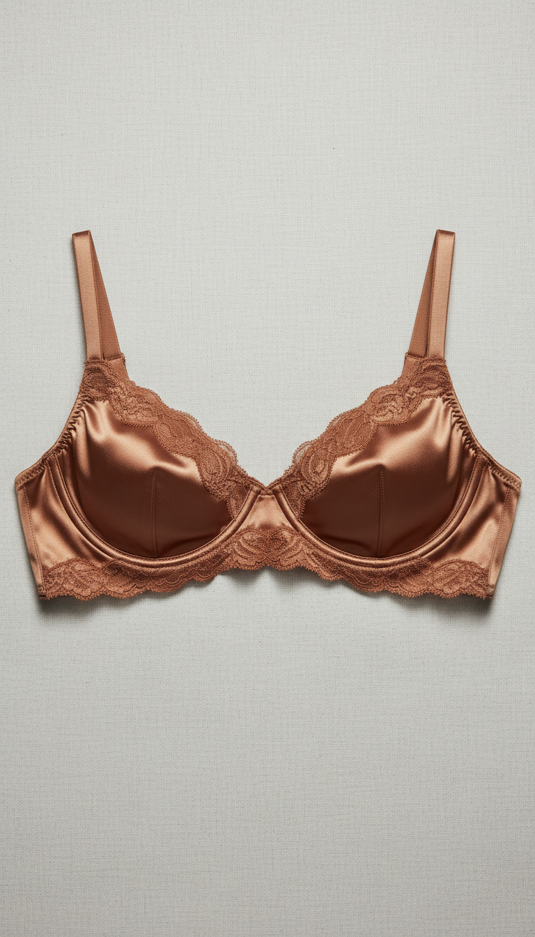 Opaline Touch silk bralette in Burnished Bronze, Default angle: 45-degree tabletop three-quarter view showcasing packaging...