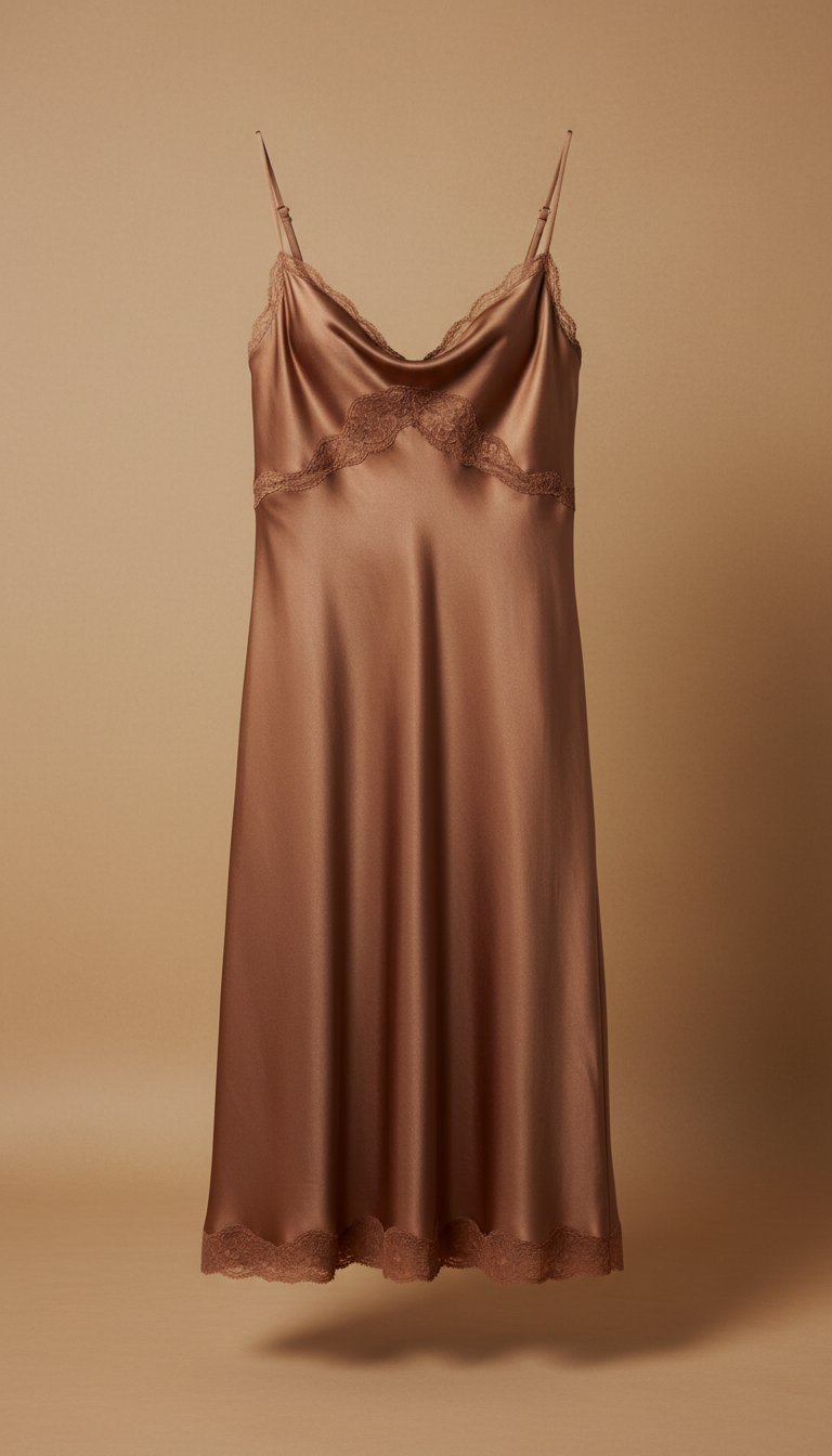 A Cozy Elegance silk blend sleep dress is centered against a neutral Earthy Cocoa background. The dress is perfectly...