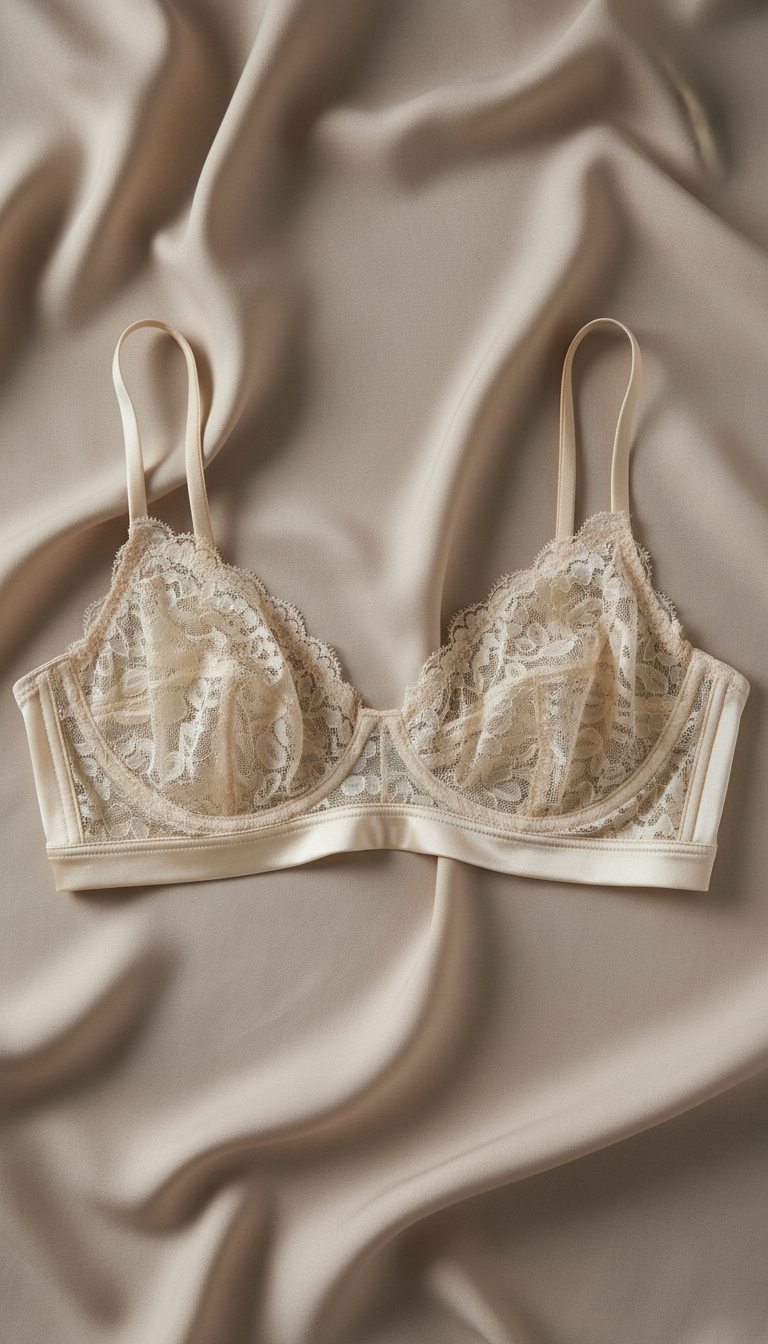 A silk lace bralette displayed on a soft fabric backdrop in a neutral tone, perfectly centered in the frame. Illuminated...