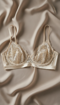 A silk lace bralette displayed on a soft fabric backdrop in a neutral tone, perfectly centered in the frame. Illuminated...