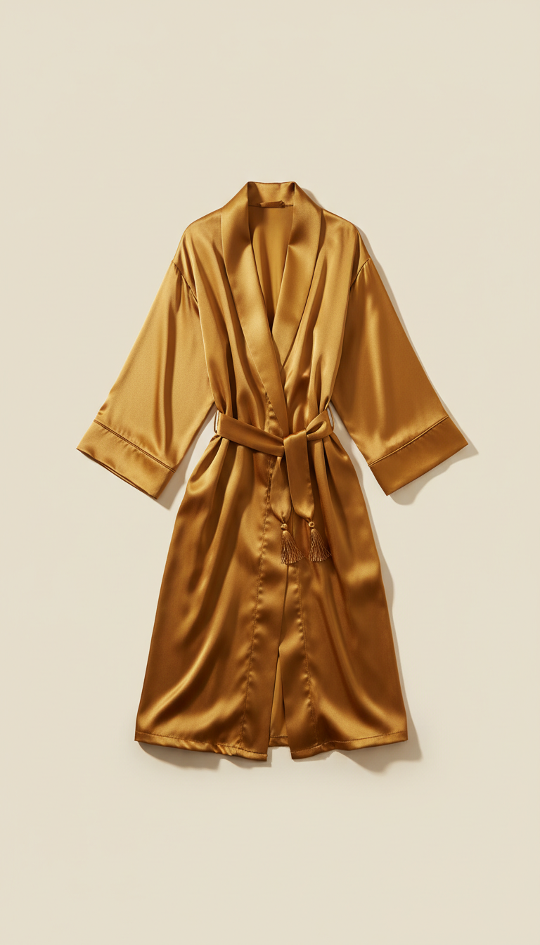 A luxury lounge robe in a rich Gold color, centered on a Cornsilk background. The soft, even illumination enhances the...