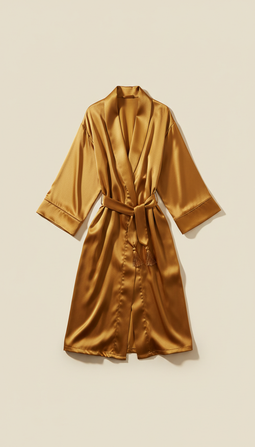 A luxury lounge robe in a rich Gold color, centered on a Cornsilk background. The soft, even illumination enhances the...